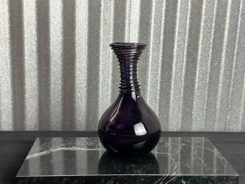 Vintage Blenko Glass Vase, 1950's Amethyst Snake Thread Wrap Vase